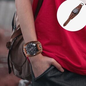 Men Wristwatch Brown Leather Cuff‎ Watch Analog Quartz Watch for Men Grunge